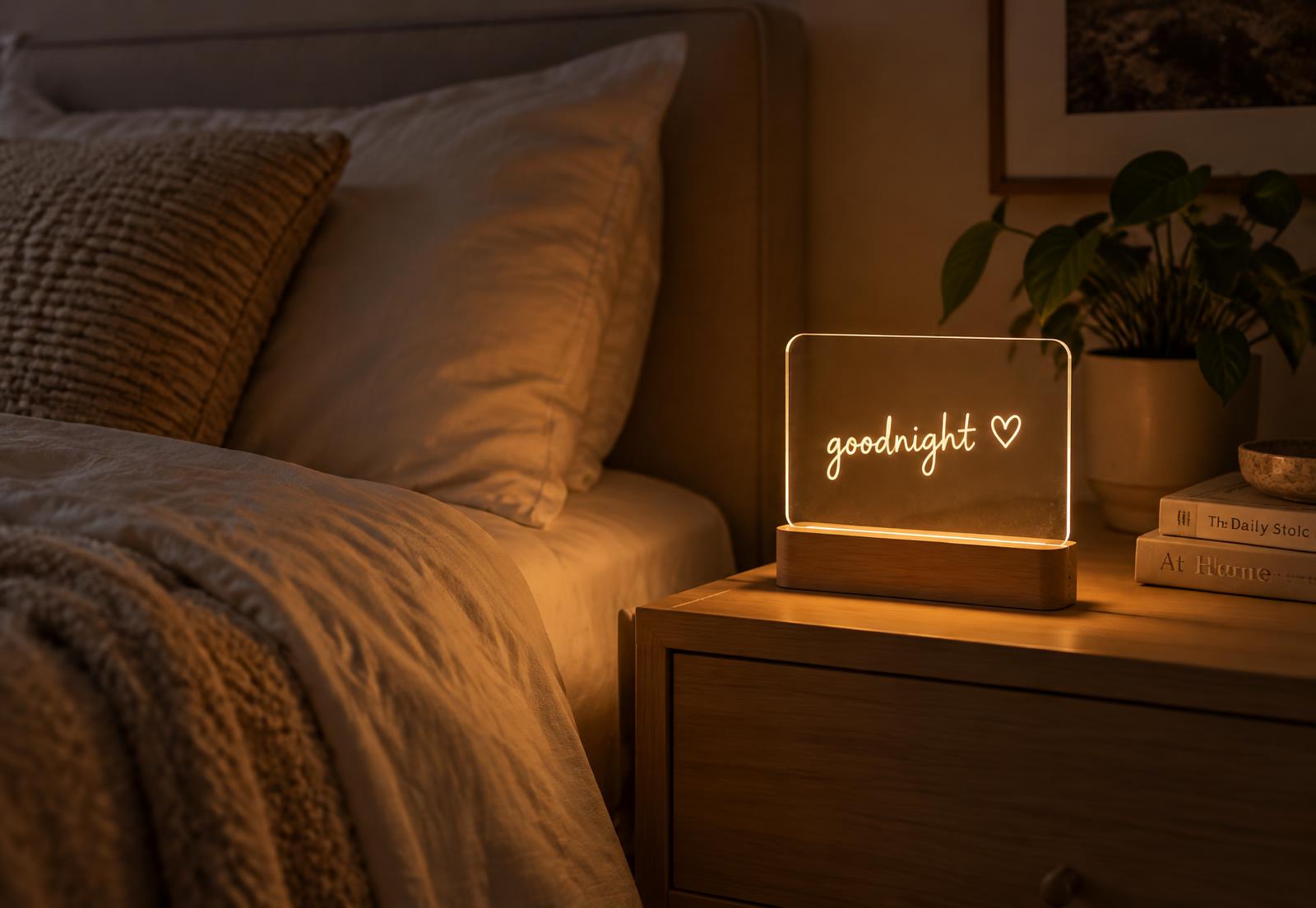 Glowing acrylic message lamp reading 'goodnight' on a bedside table